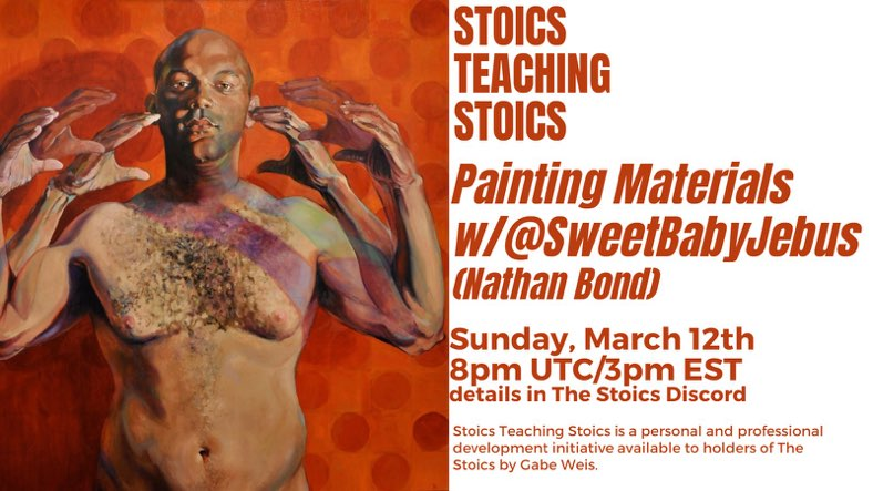 SBJ <a href="/SBJ_NFT/">SweetBabyJebus</a>  is ready to talk painting materials and answer the questions you are too embarrassed to ask your parents about!  <a href="/TheStoicsNFT/">The Stoics by Gabe Weis</a> discord with 
<a href="/GabrielJWeis/">Gabe Weis</a> discord.gg/the-stoics

Stream live with us twitch.tv/ccw3studio