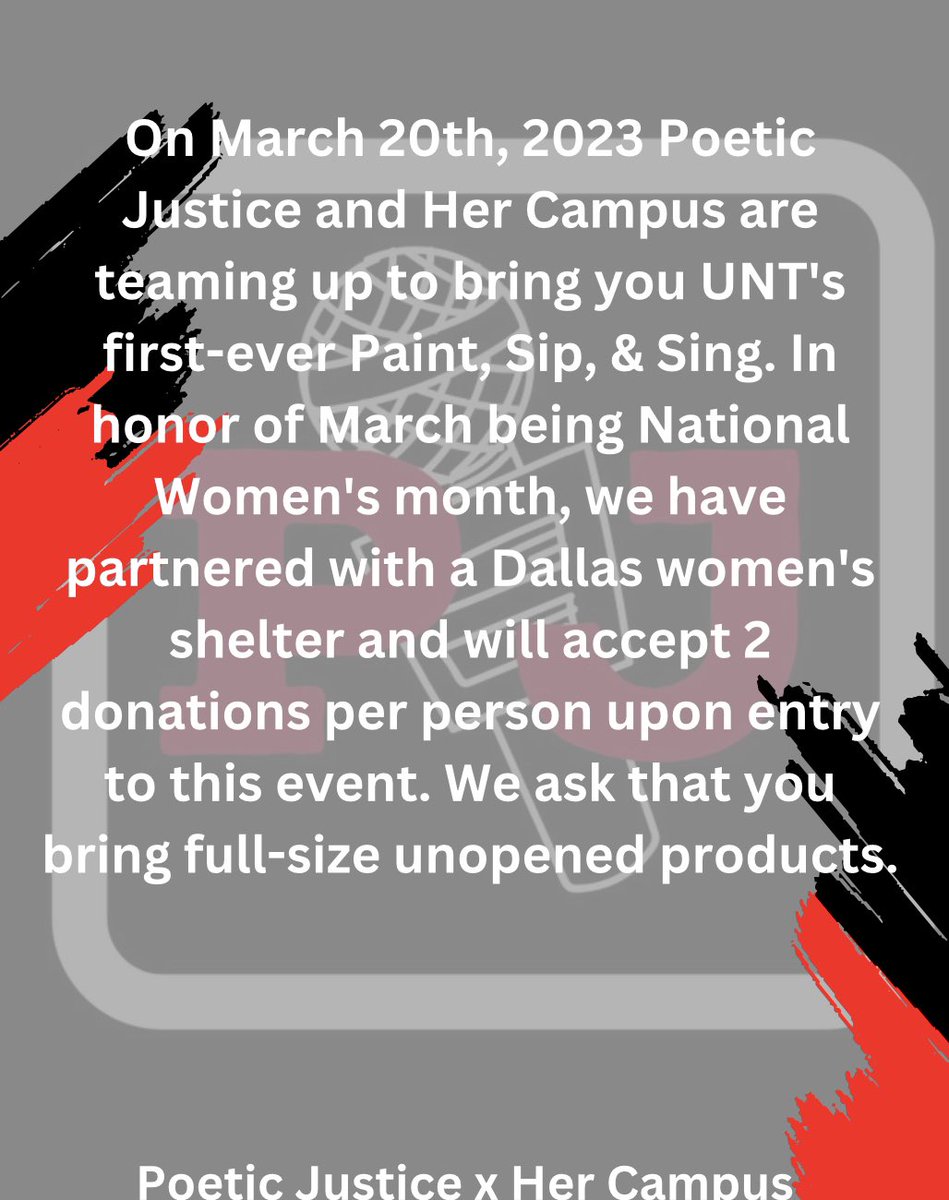 UNTxPJ's tweet photo. Poetic Justice x @HerCampusUNT 

Y’all know where to be on March 20th! Come for a good time and laughs 🥂 https://t.co/wIT2GLDUZy