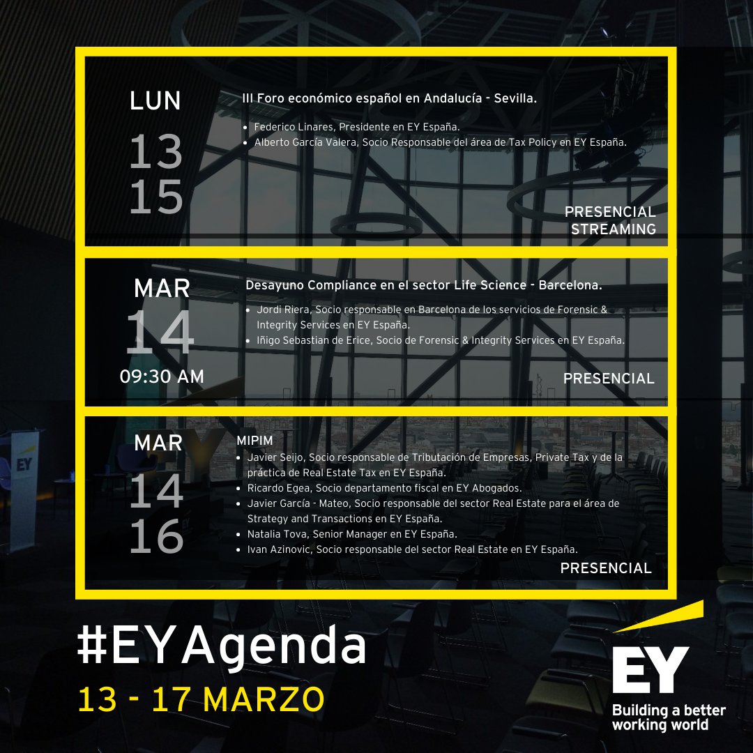 EY_Spain's tweet photo. 📅 Lunes 13 Marzo – Viernes 17 Marzo 📅

Esta es la #AgendaEY de esta semana. Elige el #evento que más te interese y apúntate para seguirlo #endirecto 🖋

🔗Registrate⬇

#EY #EventoEY #Webinar https://t.co/OpegTdzeCz