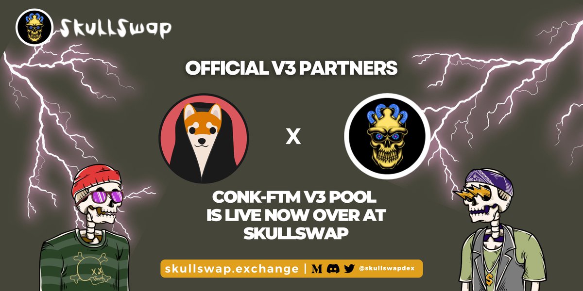 skullswapdex's tweet photo. We are excited to announce we have established a partnership with @ShibaPoCONK !
$Conk'ers can now enjoy all the benefits of Concentrated Liquidity using the CONK-FTM V3 pool over at SkullSwap!
Create your CLPs here:
https://t.co/vMLqHBh4G8 https://t.co/MmIW7rj4aD