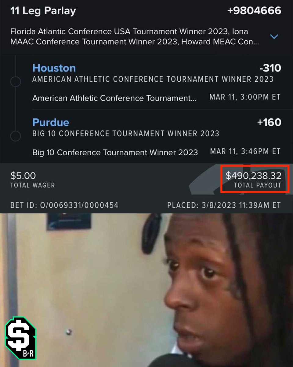 br_betting's tweet photo. $5 TO WIN ALMOST $500K 🤯

Houston and Purdue victories away from cashing an 11-leg Conference Tourney Champions parlay for A HALF MILLION DOLLARS...

(via @Evan_Snyder_19 @FDSportsbook) https://t.co/Q3dNQ7md5S