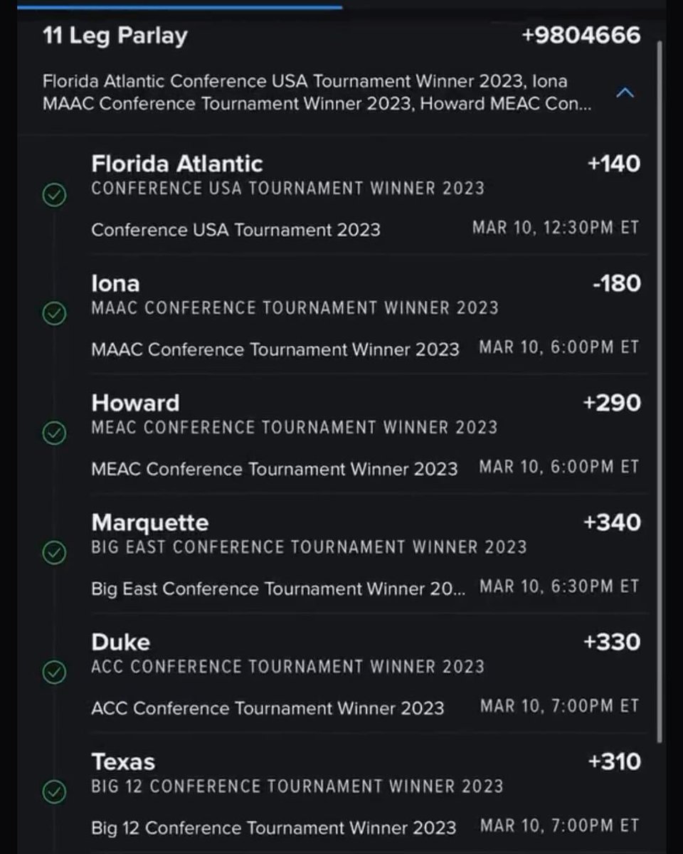 br_betting's tweet photo. $5 TO WIN ALMOST $500K 🤯

Houston and Purdue victories away from cashing an 11-leg Conference Tourney Champions parlay for A HALF MILLION DOLLARS...

(via @Evan_Snyder_19 @FDSportsbook) https://t.co/Q3dNQ7md5S
