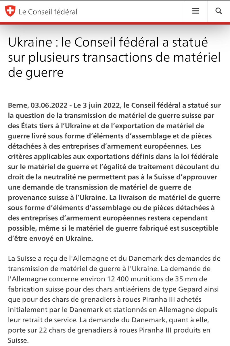 hollywoodcurry's tweet photo. @SamRamani2 The criteria applicable to exports defined in the Federal Law on War Material (#FLMG) and the equal treatment resulting from the law of neutrality do not allow Switzerland to approve a request for the transmission of war material of Swiss origin to Ukraine : https://t.co/VVooytDeP3