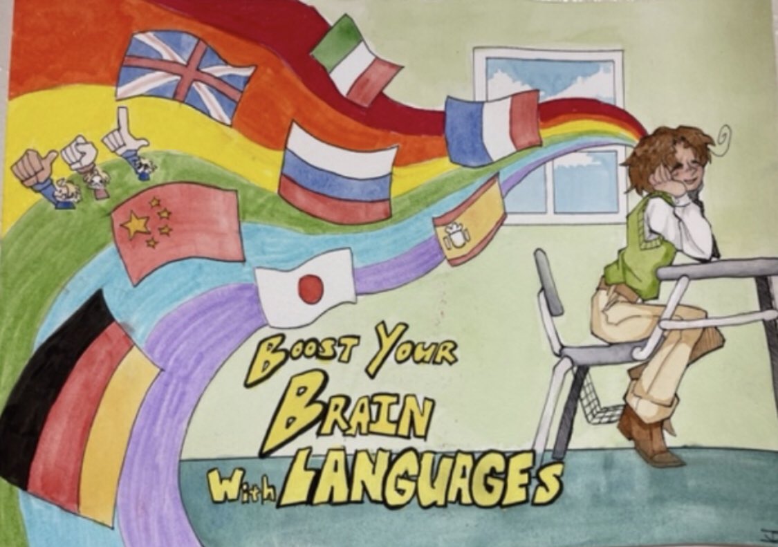 ProfePSHS's tweet image. World Language Week 2023 at Plainfield South! This amazing poster created in  watercolor by Jazmin Escutia was the 𝒢𝓇𝒶𝓃𝒹 𝒫𝓇𝒾𝓏ℯ winner, to no surprise! Absolutely fantastic work 🏆