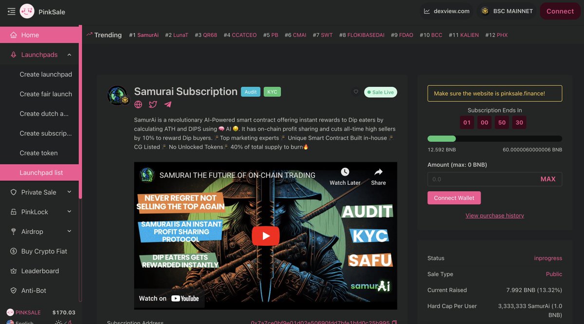 SamurAi is #1 trend on Pinksale 🚀