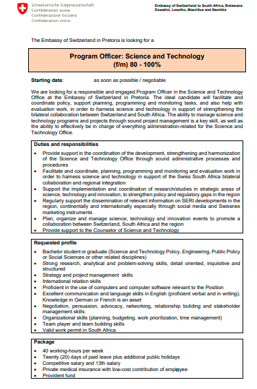 yuthconnect's tweet photo. 📌The Embassy of Switzerland in Pretoria is looking for a responsible and engaged Program Officer in the Science and Technology
Office at the Embassy of Switzerland in Pretoria.
https://t.co/1ceBfby0vI https://t.co/DVRsZrvYk0