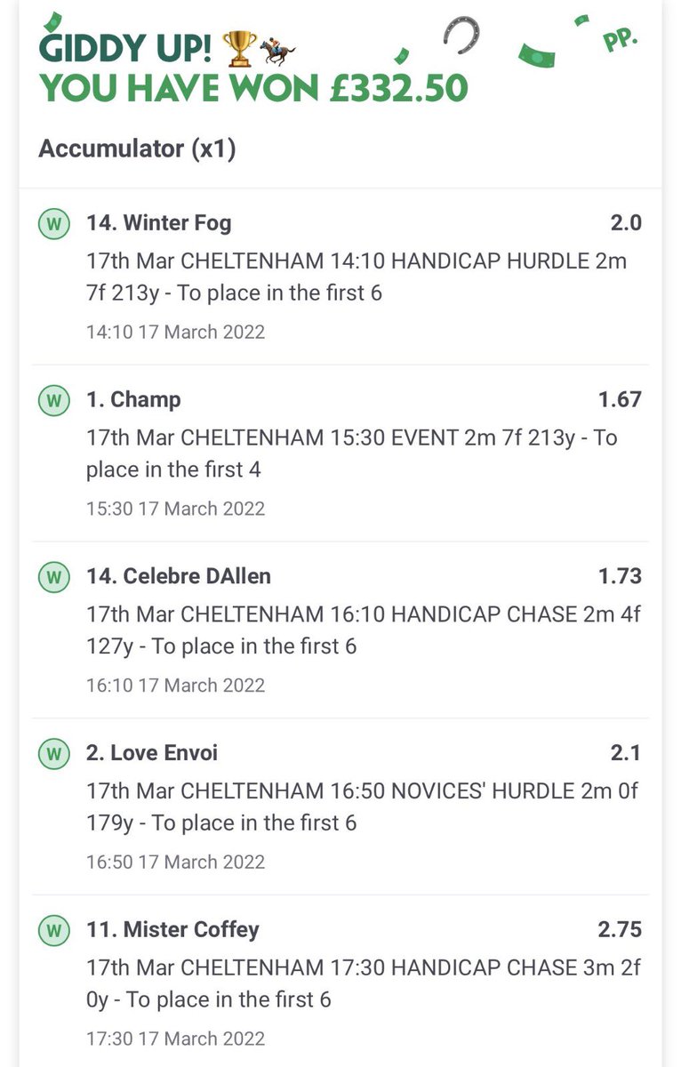 Follow me for free #CheltenhamFestival expert betting tips. Follow @AndyRobsonTips. 🕵🏼‍♂️ Tips for every race from two experts, including a Horse Racing trader 📈 The return of Alan’s Algorithm 🗂️ Place Accumulator Cheat Sheet Let’s hope for another big win like last year. 😎