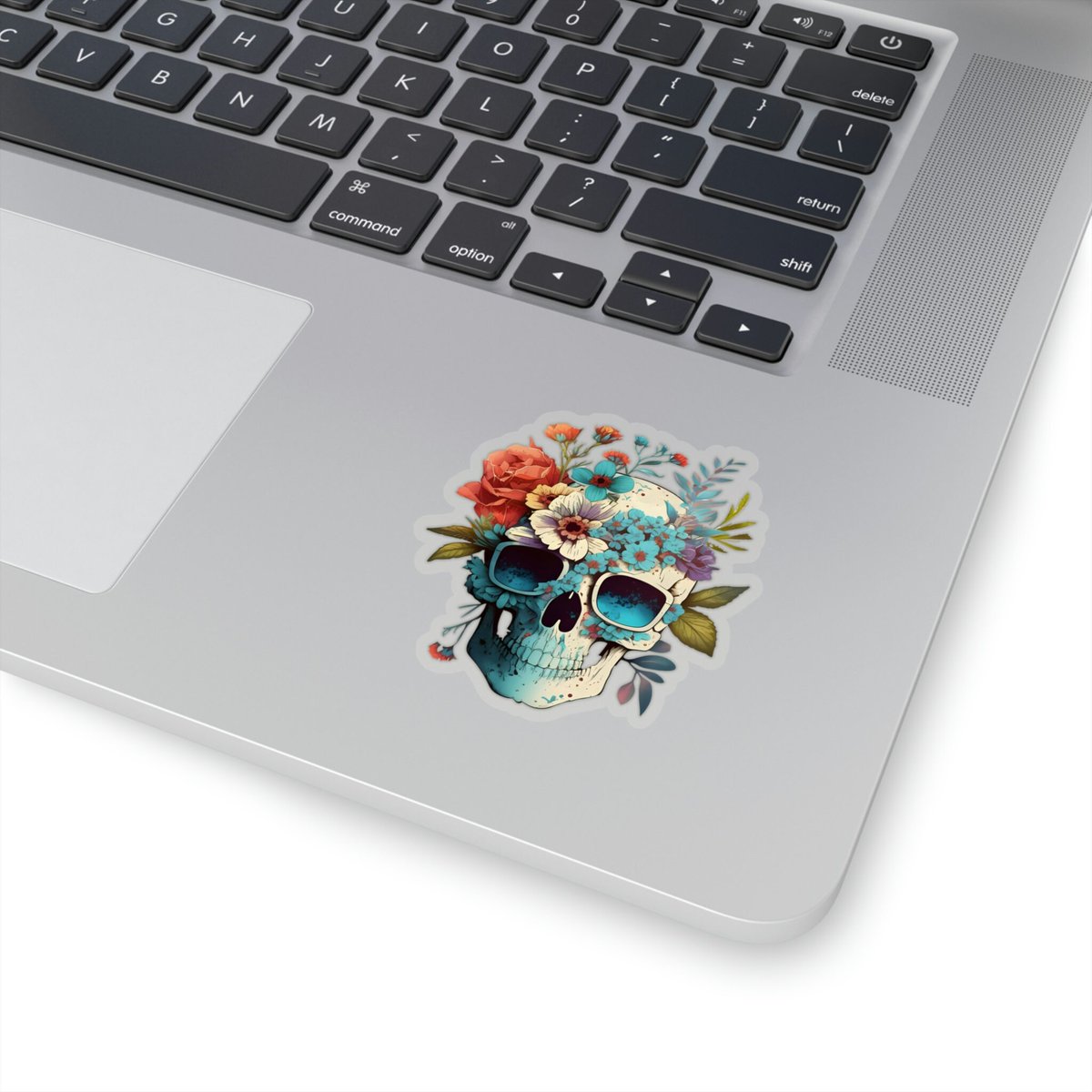 Add some personality to your belongings with our trendy skull wearing sunglasses and flowers kiss cut sticker! Perfect for laptops, water bottles, and more. Get yours today and stand out from the crowd! #skullsticker #MHHSBD #SBS #Sticker
