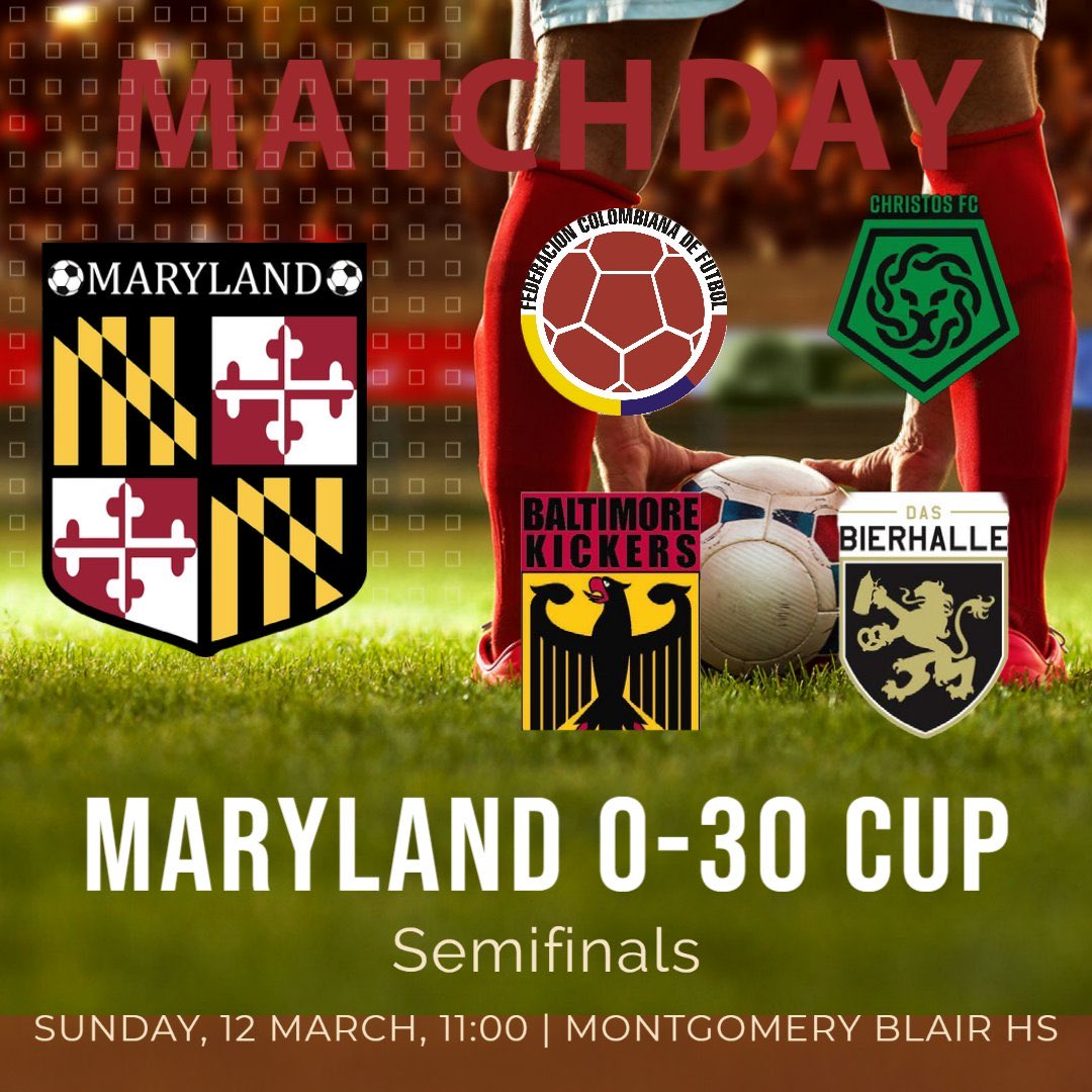 Maryland Over-30 Cup
Semifinal Results 

Colombia FC
 0:9
<a href="/ChristosFC/">Χριστός</a> 

<a href="/BmoreKickers/">Baltimore Kickers</a> 
 2:5
Das Bierhalle FC

Christos look to defend their title next week.