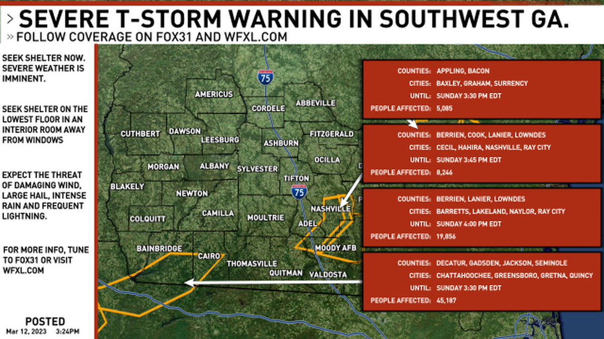 A new SEVERE THUNDERSTORM WARNING has been issued for southwest Georgia. Follow FOX31 News on-air and online for updates. #gawx #swga #gawxcond