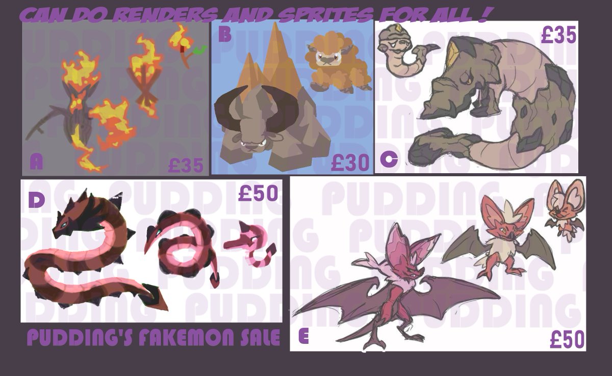 iipudd1ng's tweet image. I have decided to sell my fakemon ! All designs can have rendered artwork or sprites created for them if you so please . Please ensure you are crediting me , Pudding , or the original artists when posting the designs post-purchase . DM if interested !