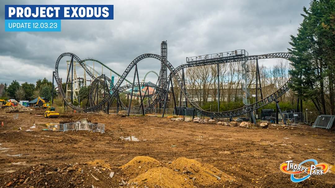 ThorpeParkMania's tweet photo. @THORPEPARK have shared another on-site update of Project Exodus, showing that most of the Loggers Leap lift hill has been demolished. https://t.co/s1iy12p67i