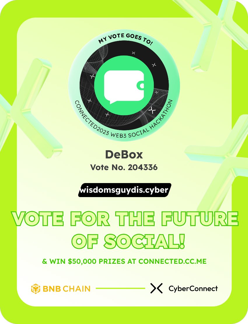 Alexonchi's tweet photo. Just voted for my favorite project DeBox in #Connected2023, a Web3 Social hackathon by @CyberConnectHQ the social graph protocol &amp; @BNBCHAIN
Join me to vote for a better social and win $50,000-$100,000 prizes!
https://t.co/Xyj6UIlUPf
sig:VrbcvD 
  https://t.co/y5wjmzybIQ https://t.co/y013J0S8rT