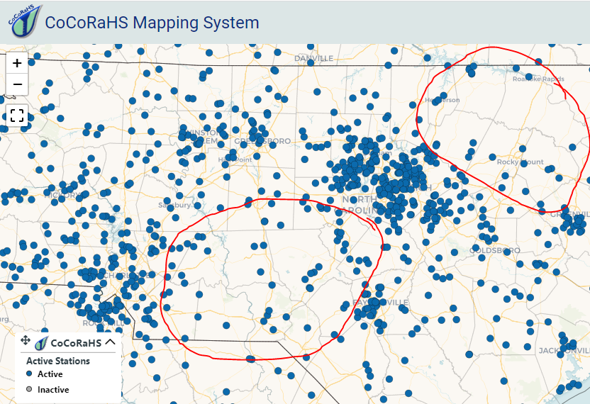WE NEED VOLUNTEER PRECIPITATION OBSERVERS! Do you live in a circled area and have an interest in reporting rain, snow, or hail? Join CoCoRaHS.org today and help fill the gaps! Your observation helps meteorologists, farmers, hydrologists, and more! #NCwx
