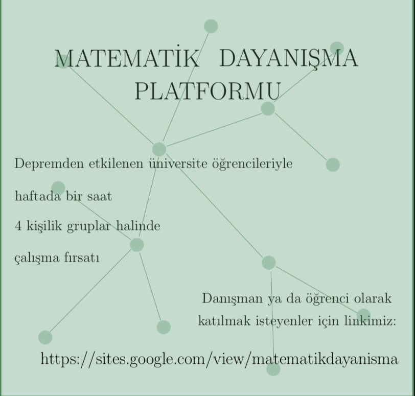 matdayanisma's tweet image. Biz depremden etkilenen üniversite öğrencilerine temel matematik derslerinde danışmanlık yapmak için Matematik Dayanışma Platform adında bir girişim başlattık. Katılmak isteyen öğrenciler ve danışmanlar için linkimiz: sites.google.com/view/matematik… İlgilenen herkesi bekliyoruz.