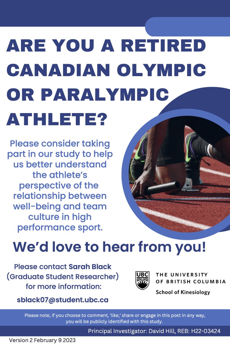 Have you competed at the Olympic or Paralympic Games? I would love to hear about your experiences and your perspectives of well-being and team culture in high performance sport! Please see poster below for more details and please share widely.