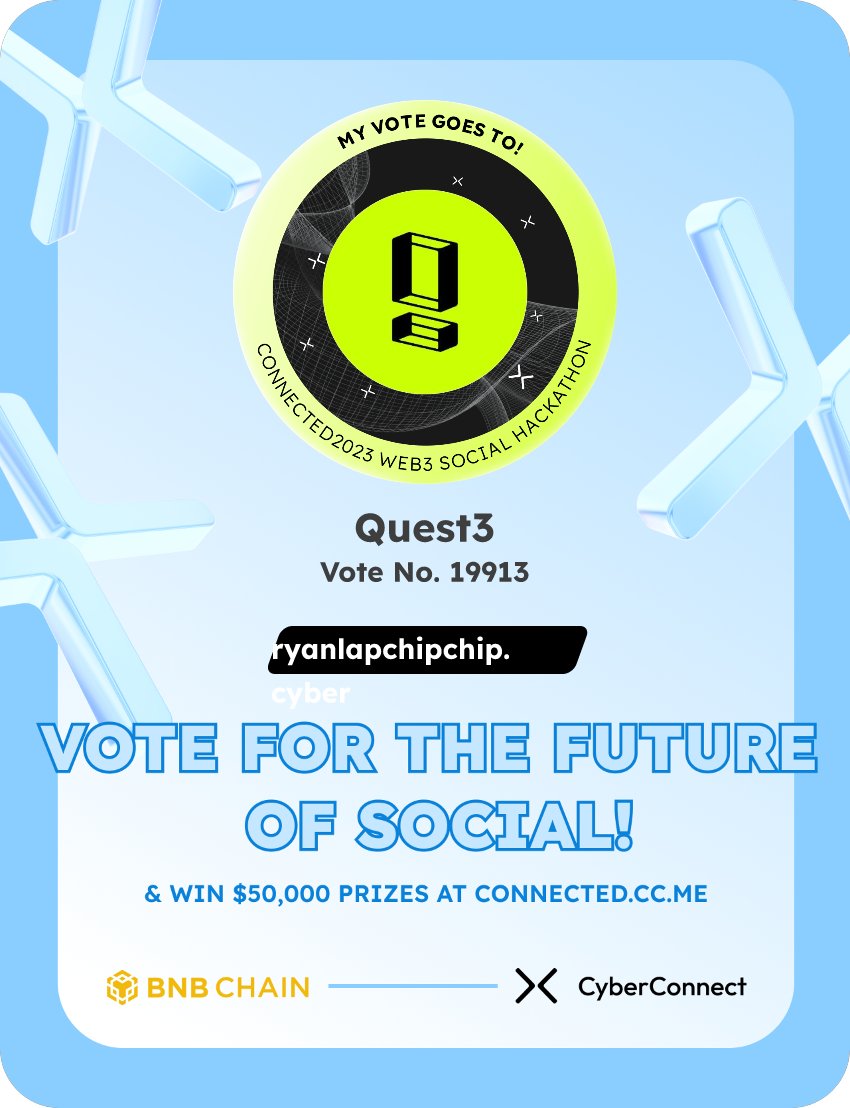 ChocoRichs's tweet photo. Just voted for my favorite project Quest3 in #Connected2023, a Web3 Social hackathon by @CyberConnectHQ the social graph protocol &amp; @BNBCHAIN
Join me to vote for a better social and win $50,000-$100,000 prizes!
https://t.co/WgVV0P2NbC
sig:3bu7JY 
  https://t.co/OddEBdQmGt https://t.co/BHbJ37v8N4