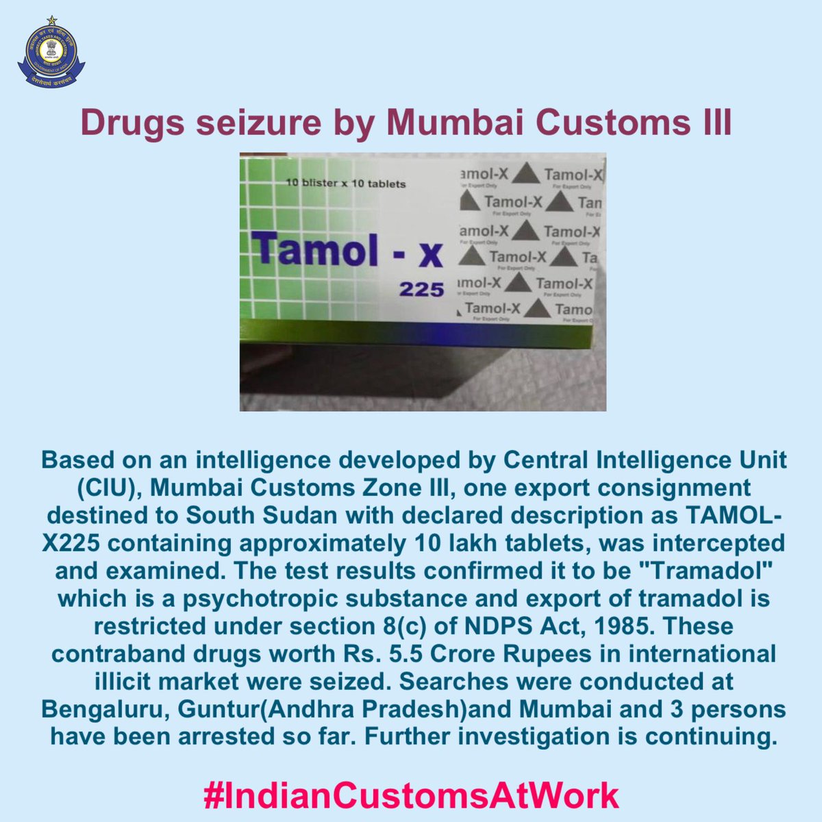 Matthew Nice (@matthewniceun) on Twitter photo India 🇮🇳 Mumbai Customs-III <a href="/mumbaicus3/">Mumbai Customs-III</a> on intelligence intercepted an export consignment to South Sudan of TAMOL-X225 brand #tramadol & seized 1000000 💊. #IONICS
<a href="/PIBMumbai/">PIB in Maharashtra 🇮🇳</a> <a href="/narcoticsbureau/">NCB INDIA</a> <a href="/SheilaKamdar_UN/">Sheila Kamdar</a> <a href="/INCB_OPIOIDS/">ӨPIOIDS Project</a> <a href="/INCB_GRIDS/">INCB GRIDS</a> <a href="/aeldeeb87/">Ahmed El Deeb</a> <a href="/B_uAmari/">amari</a> India 🇮🇳 Mumbai Customs-III <a href="/mumbaicus3/">Mumbai Customs-III</a> on intelligence intercepted an export consignment to South Sudan of TAMOL-X225 brand #tramadol & seized 1000000 💊. #IONICS
<a href="/PIBMumbai/">PIB in Maharashtra 🇮🇳</a> <a href="/narcoticsbureau/">NCB INDIA</a> <a href="/SheilaKamdar_UN/">Sheila Kamdar</a> <a href="/INCB_OPIOIDS/">ӨPIOIDS Project</a> <a href="/INCB_GRIDS/">INCB GRIDS</a> <a href="/aeldeeb87/">Ahmed El Deeb</a> <a href="/B_uAmari/">amari</a>