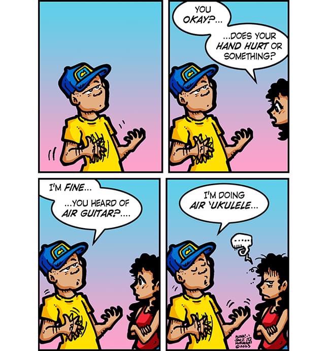 jonjmurakami's tweet photo. Aloha! Here's my latest Calabash comic strip in today's Honolulu @StarAdvertiser newspaper! • Keep smiling and stay safe, all!
#jonjmurakami #calabash #comcistrip #comic #cartoon #sundaycomics #staradvertiser #airguitar #ukulele #hawaii https://t.co/ZQnlZ0VZl7