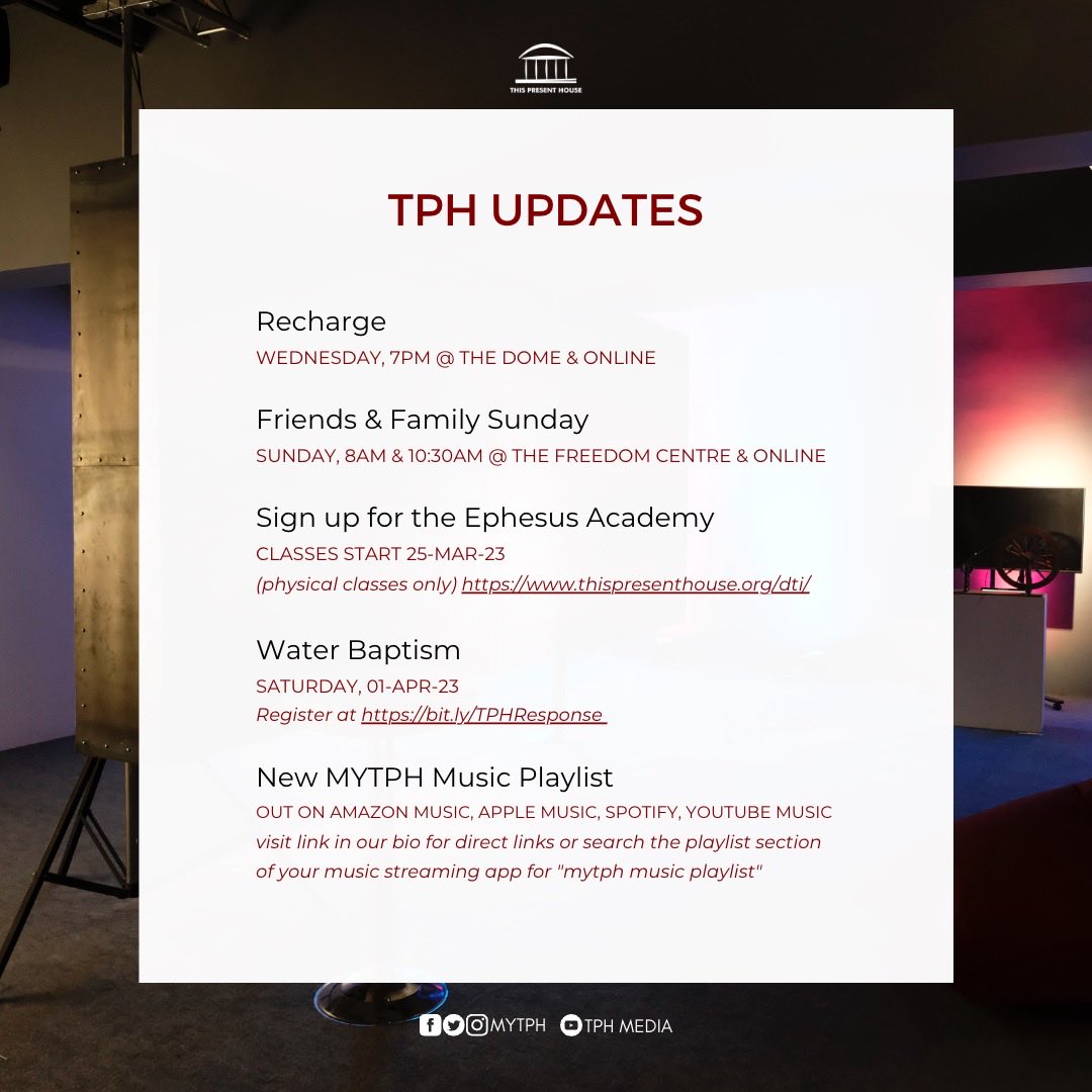 MyTPH's tweet photo. Hello fam, here’s your weekly plug for events at TPH this week and classes or programs you can sign up for (links in bio) 👇🏽
#MyTPH
#TPHUpdate
#baptism
#FriendsandFamilySunday
#newmusic
#musicplaylist
#TrustingGod
#knowingGod
#biblestudy
#discoveringGod https://t.co/MWBAVNmvnu