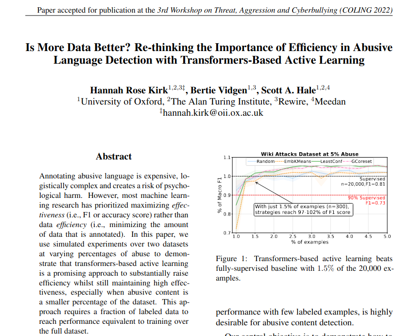WiMLDS_Paris's tweet image. [#FridayWiMLDSPaper 📜 curated by @WiMLDS_Paris]

&quot;Is More Data Better? Re-thinking the Importance of Efficiency in Abusive Language Detection with Transformers-Based Active Learning&quot; (arxiv.org/pdf/2209.10193…), by @hannahrosekirk, @bertievidgen, @computermacgyve