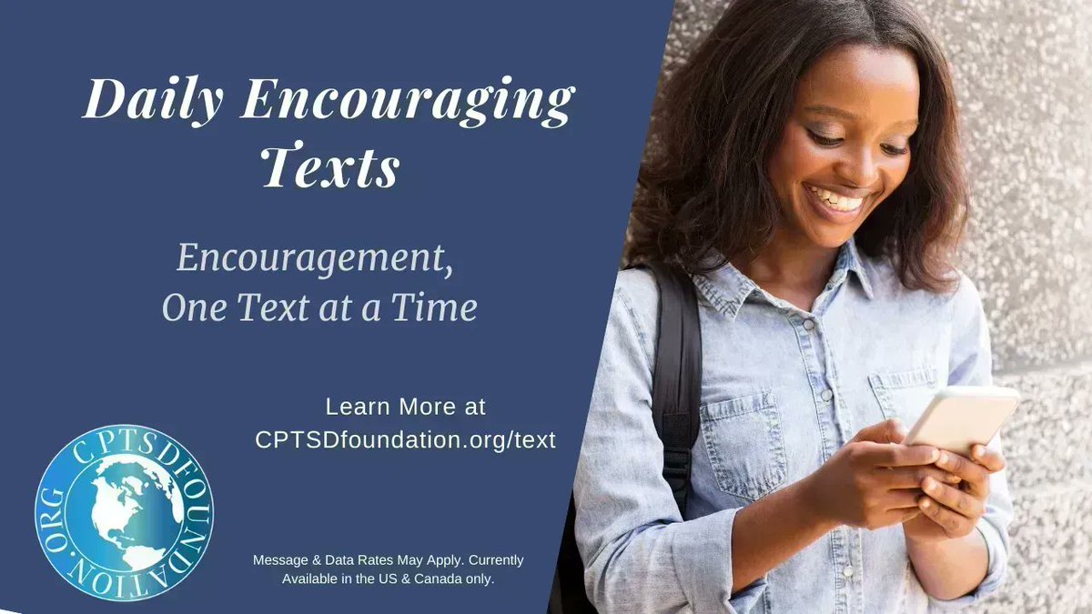 cptsdfoundation's tweet photo. Fuel your trauma recovery journey one text at a time. Get your daily boost of encouragement delivered directly to your mobile.
To subscribe, visit https://t.co/uQRFvEbAsa
*Available only in the U.S.
#CPTSDRecovery #BecauseWeAreWorthIt #StaySafeHelpOthers https://t.co/13V4vDko1T