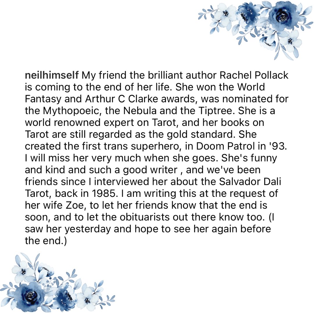 Repost: @neilhimself 

Our thoughts, prayers & deep gratitude are forwarded to #rachelpollack friends, family & all whom their incredible works impacted. 
Deepest sympathies as they reach nearer to their final chapter. 

Link to Original Post: instagram.com/p/Cps9_xQP9WR/…