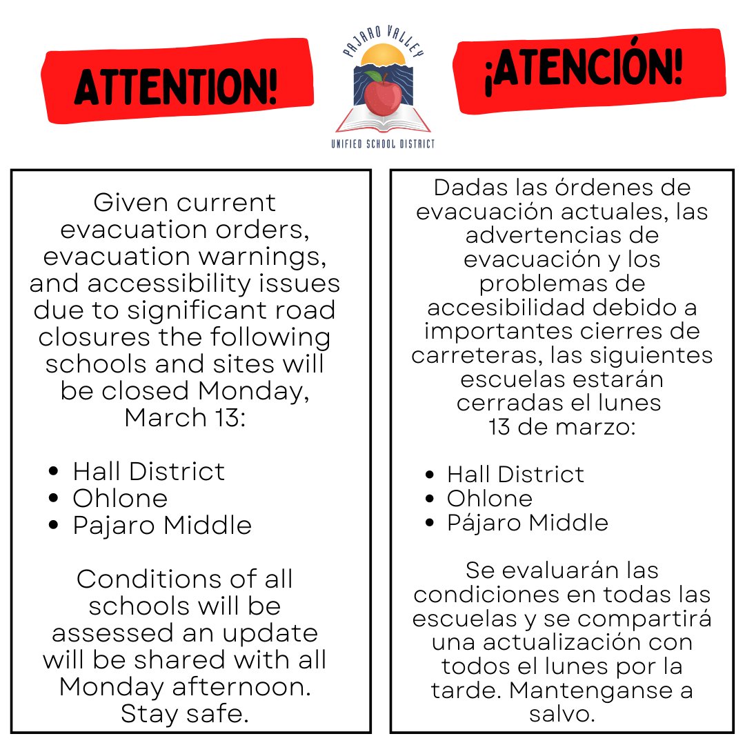 PajaroValleyUSD's tweet photo. #PVUSD informs about closure of 3 schools for Monday, March 13. 
Informando sobre cierre de 3 escuelas para el lunes 13 de marzo. 
https://t.co/PhCjnkBx9o
@mlrod32 @PVFT @pvusd_merit @WatsonvilleCity @MontereyCoDEM @Pvusdwellness https://t.co/WugdHViZMO