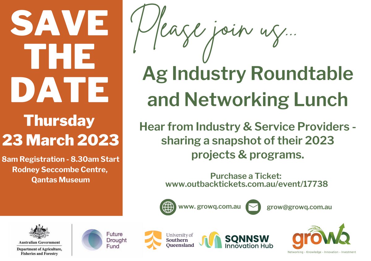 sqnnswhub's tweet photo. Are you in #WesternQld? Join #groWQ and @SQNNSWHub for an Ag Industry Roundtable in #Longreach on March 23. Local industry and service providers will share their current programs, and we want *you* at the table. Book: https://t.co/r9qfTzIM4g #FutureDroughtFund #RAPAD https://t.co/r1Id8OXfF7
