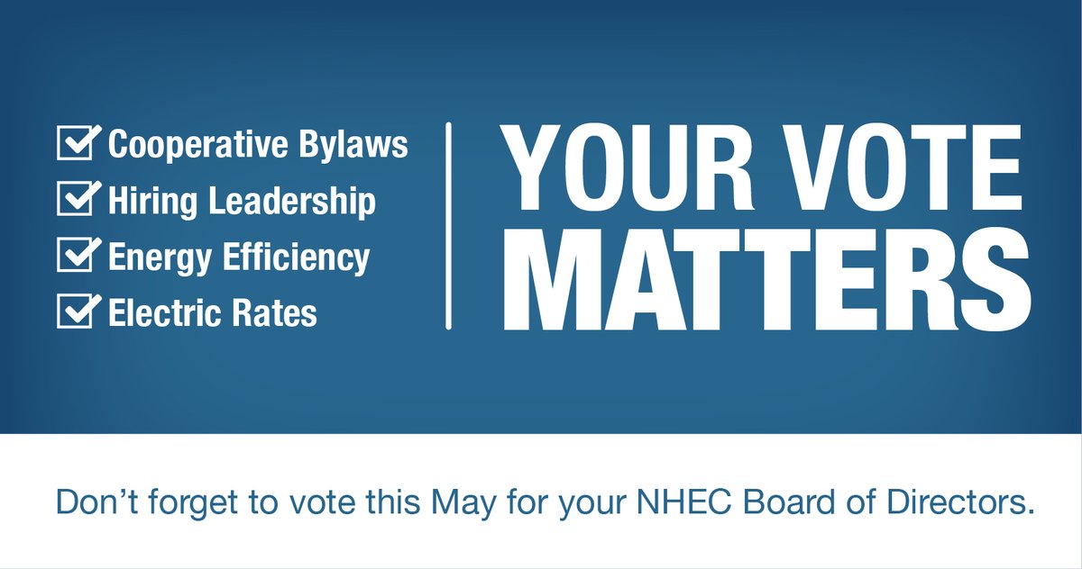 NHEC_MEMBERNEWS's tweet image. Did you know you can affect rates, #EnergyEfficiencyPolicies, cooperative bylaws, and hiring by voting in your co-op Board of Directors elections? Keep an eye on our social for more information coming soon.