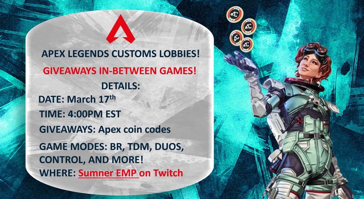 SumnerEMP's tweet image. Extremely excited to announce that I will be hosting Apex Legends Custom Lobbies on Friday at 4pm EST with the help of the great people of SRC. You can find it at: twitch.tv/sumneremp

Game Modes: BR, TDM, DUOS, Control, Gun Run

Giveaways: Apex Coins giveaways between games