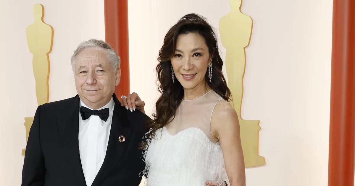 vincenzolandino's tweet photo. If you’re wondering who Michelle Yeoh’s partner is, that’s former Ferrari team principal and FIA President, Jean Todt. 

So basically the #Oscars is an F1 event. https://t.co/WtdbdFPhDl