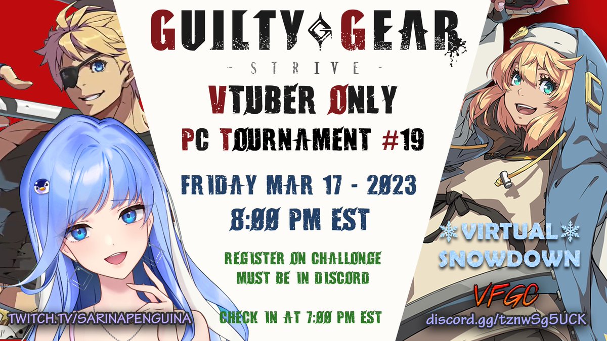 SarinaPenguina's tweet photo. HEAVEN OR HELL

This week I'll be hosting my 19th VTuber Only Tournament for Guilty Gear Strive PC / Crossplay! It will be happening on Friday March 17 at 8PM EST!

Open to VTubers Worldwide!

Sign up on challonge &amp; join the discord!

Sign up details and links below! https://t.co/SUNSKEcrep