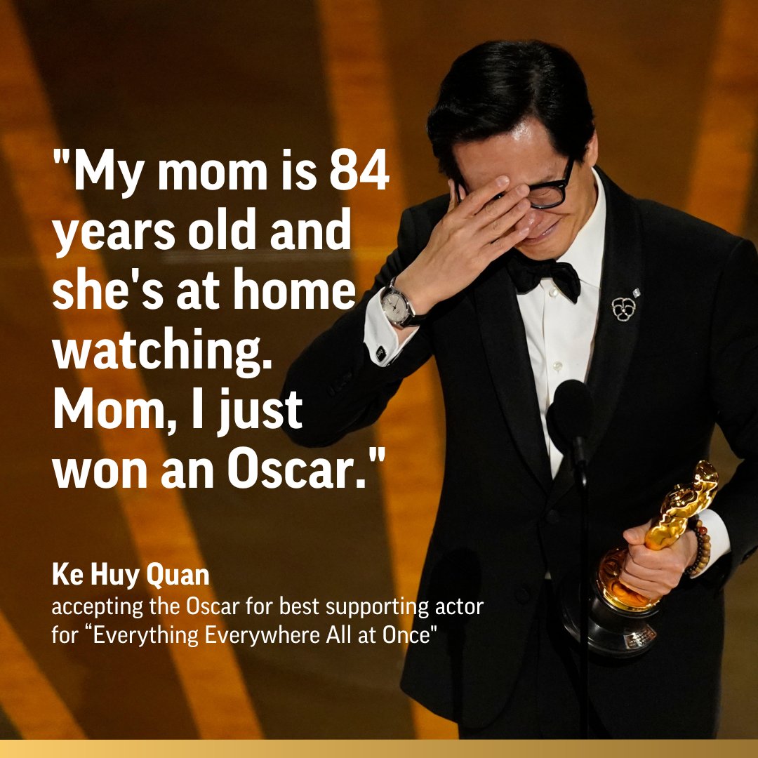 Ke Huy Quan, through tears, celebrated his Oscar win for best supporting actor in “Everything Everywhere All at Once."

"My journey started on a boat. I spent a year in a refugee camp. And somehow I ended up here on Hollywood's biggest stage," Quan said. apne.ws/nTWV6Wc