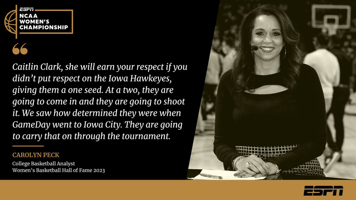 ESPNPR's tweet photo. 👀 @CAROLYNPECK shares her thoughts on @CaitlinClark22 &amp; @IowaWBB ahead of @MarchMadnessWBB https://t.co/xZlvqIJFlX