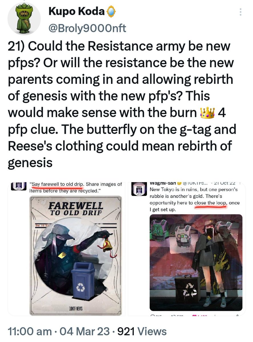 Broly9000nft's tweet photo. @commonsanse Hi fam! I believe sewer pass will be the power source to mechs. I have a theory G Tags will be the resistance army lead by Reese. They could be a pfp or they could be used with blanks to allow new parent projects to use their pfp for genesis items  

https://t.co/p86vvz5RBp https://t.co/ZFp5GA96PL