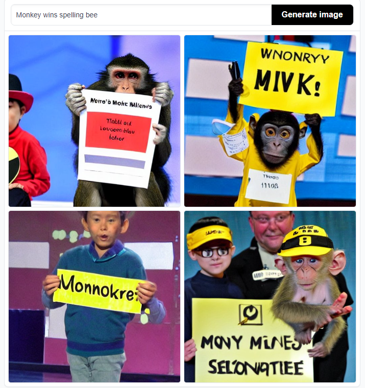NealChen18's tweet photo. We asked stable diffusion to draw "Monkey wins spelling bee"

What happened in the lower left hand corner? https://t.co/wJg1hrzz8N