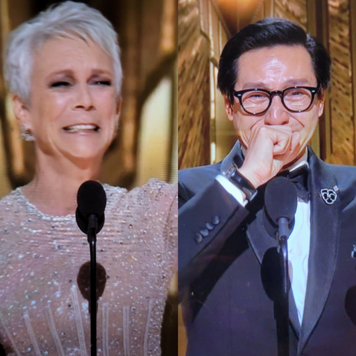 ehallnine's tweet photo. Me watching the #Oscars    😭😭 I'm so happy for @jamieleecurtis &amp; Ke Huy Quan https://t.co/WElIEuZ6J3