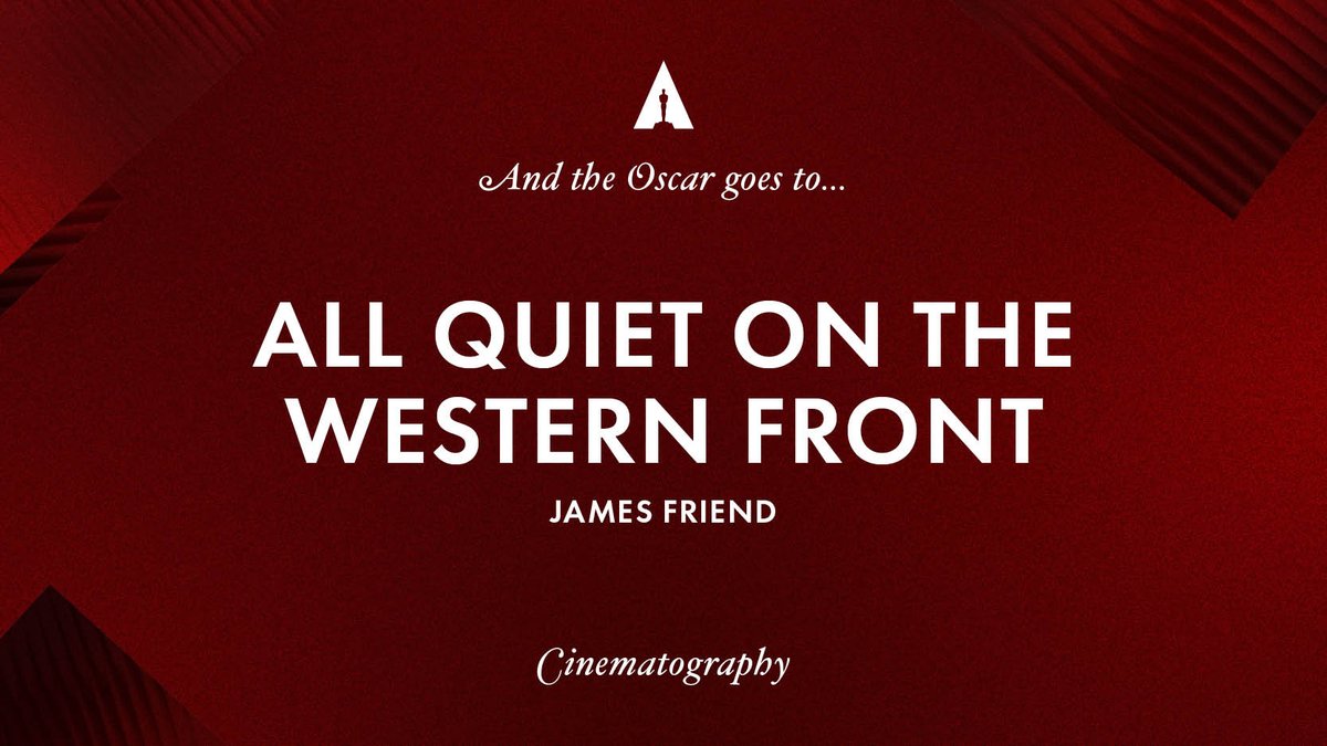 The Academy (@theacademy) on Twitter photo The Oscar for Best Cinematography goes to James Friend for his work on 'All Quiet on the Western Front' <a href="/allquietmovie/">All Quiet On The Western Front</a> #Oscars95 The Oscar for Best Cinematography goes to James Friend for his work on 'All Quiet on the Western Front' <a href="/allquietmovie/">All Quiet On The Western Front</a> #Oscars95