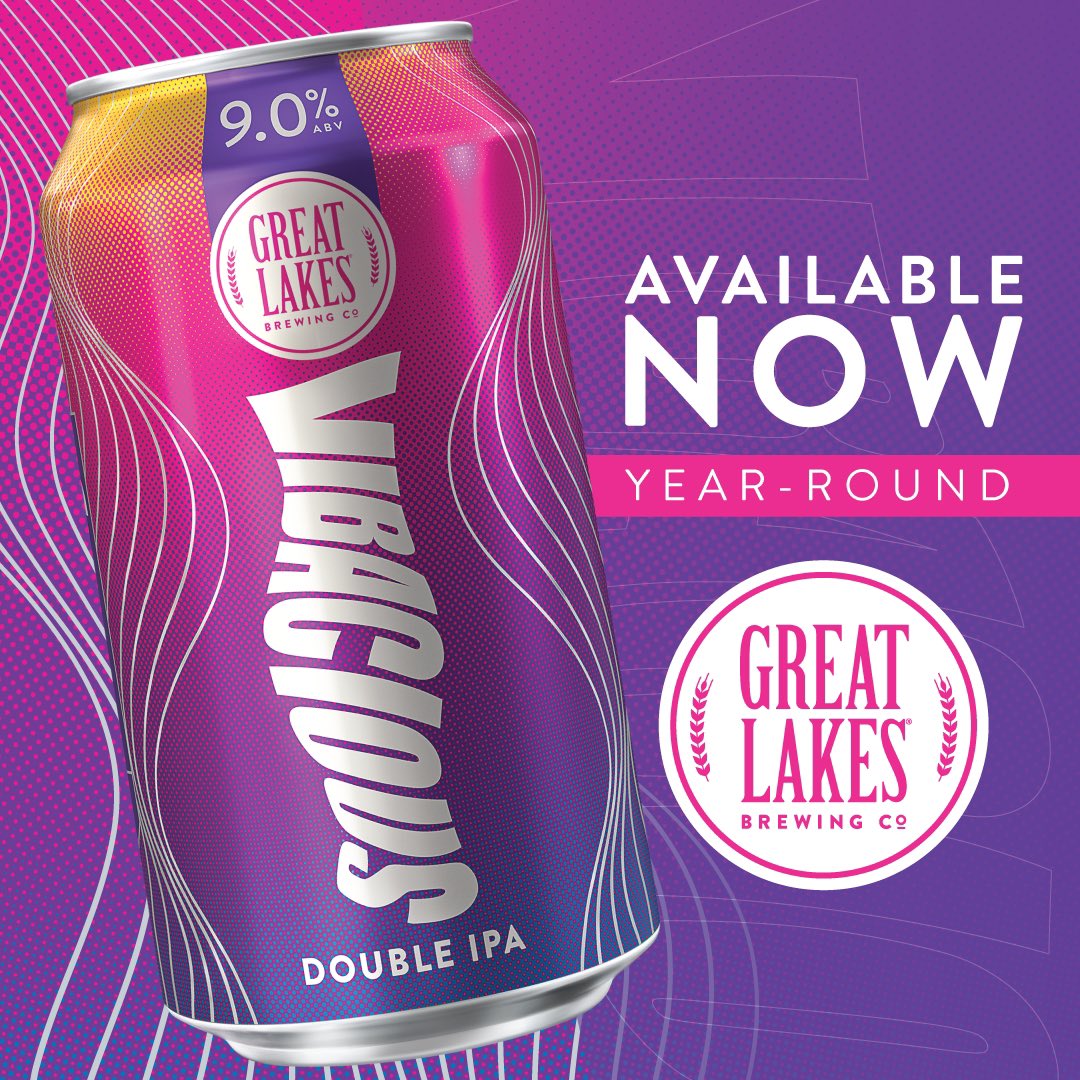 Good vibes have landed! Vibacious Double IPA , our first year round Double IPA is shipping throughout Chicagoland now! Find it in 12oz. Can 6-Packs, 19.2oz. Cans, and Draft wherever you get your Great Lakes beers. 

Click here to learn more:
greatlakesbrewing.com/new-vibacious-…