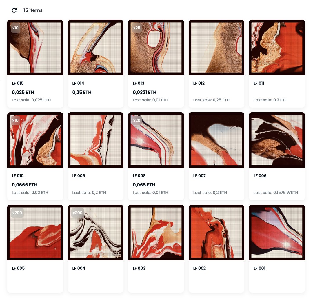 'Lacquer Flow' is complete now! The series started thankfully with 5 commission pieces for <a href="/ALFADAF/">ALFA</a> by <a href="/Kyloren_NFT/">Kylo.eth</a>! Very honored! I used for the first time Golden lacquer:) 'LF 014' &amp; 'LF 015' are still available on primary via Manifold/OS! Thank you so much for collecting!! 🤍