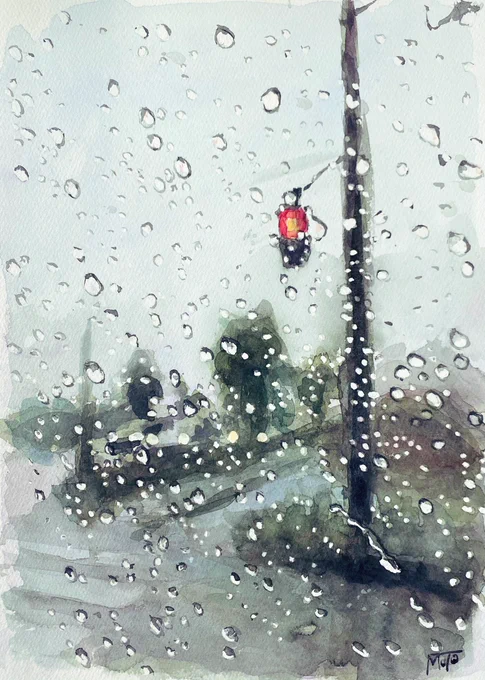 『 信号待ち 』透明水彩、ランプライト紙#水彩画 #イラスト #信号 #雨 