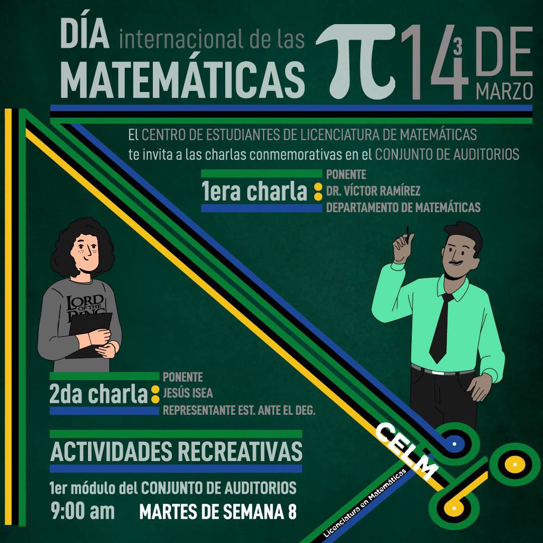 FCEUSB's tweet photo. El Centro de Estudiantes de Licenciatura en Matemáticas te invita a compartir la celebración del Día Internacional de las Matemáticas, el martes 14 de marzo!

Acércate desde las 9 am al complejo de auditorios para escuchar las charlas y participar en el resto de actividades. ✨😊 https://t.co/dslrqXiqzm
