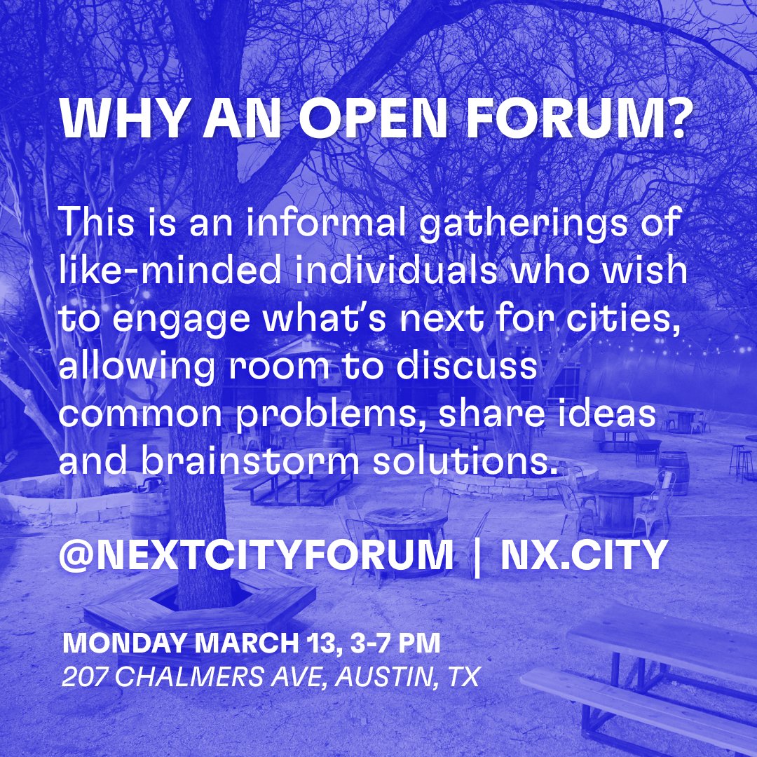 NextCityForum's tweet photo. Interested in what's next for cities? 💭

Join us for the @NextCityForum 🏙️

🗓️ Monday March 13th during #SXSW week
⌚  3-7pm, keynotes + breakouts
📍 @Highbrowlowbrow in #AustinTX
🔗 Link to RSVP 👉 https://t.co/Ipt9a51NdB 
💃 BYOB + Live DJ https://t.co/OPNzMR0od7