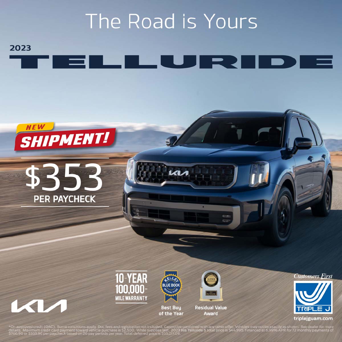 TripleJGuam's tweet image. The All-New 2023 Kia Telluride is Bigger, Better, &amp;amp; Bolder! Winner of the Kelly Blue Book "Best Buy of the Year" Award makes this SUV one of hottest vehicles on the market🔥🔥🔥CLICK LINK TO SEE INVENTORY: bit.ly/3YLuib8  *** #2023KiaTelluride #TripleJAuto #KiaTelluride