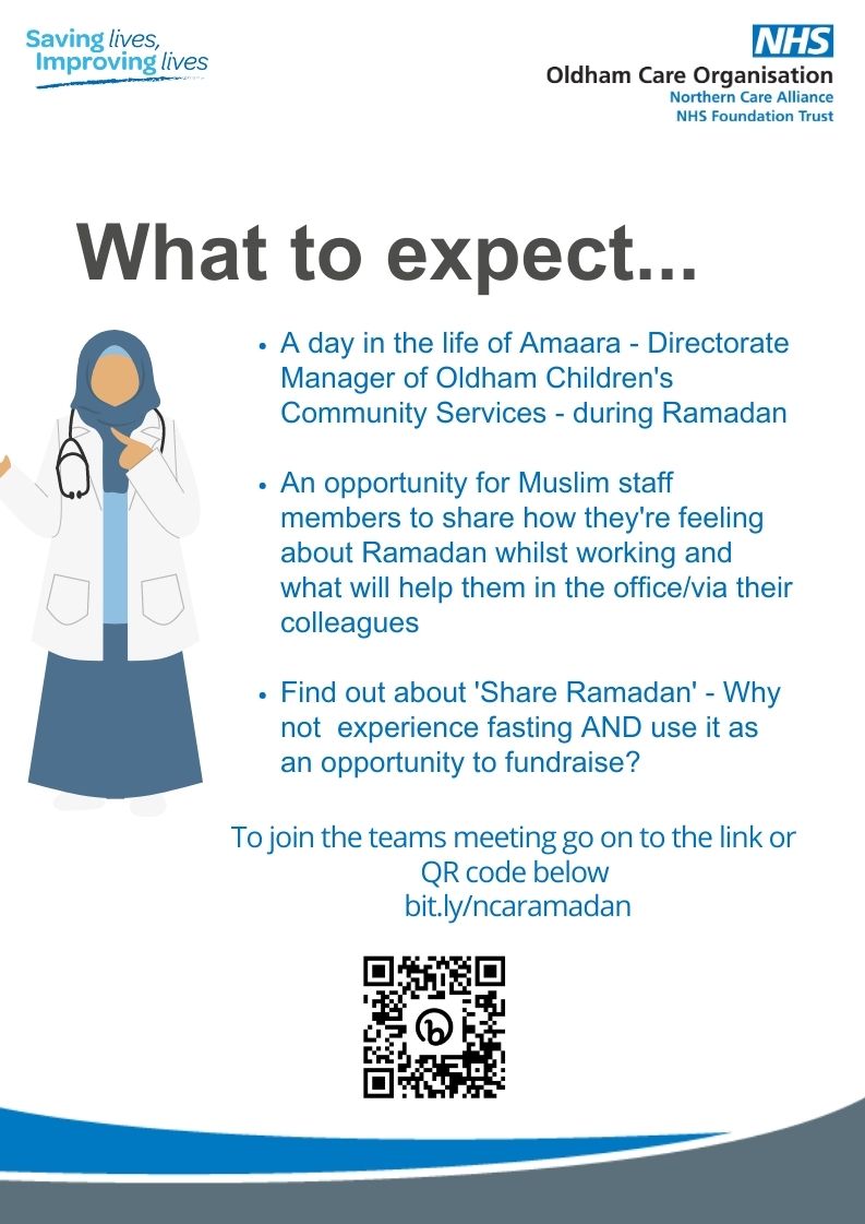 amaarakhan__'s tweet photo. Join us this Fri @ the @OldhamCO_NHS  'Ramadan' Listening event for ALL staff that can't attend the onsite event. A chance to understand the experiences of Muslim colleagues and learn how you may be able to support. Open to all  @NCAlliance_NHS @bame_bco #ramadanatwork #nhs #fast https://t.co/a4cA4HeTuL