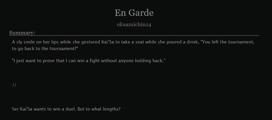 okaamichin14PNG's tweet photo. Title: ⚔️En Garde

Kai'Sa taking 'fight me' to a whole other level

//

A little something I wrote for the @OUAT_Zine - thank you for such an amazing oppurtunity!

#kahri #kaisa #ahri https://t.co/AHcT0CLvpu
