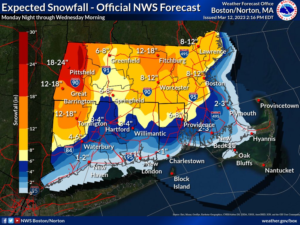 NWSBoston's tweet image. A significant winter storm will impacting southern New England Monday night through Tuesday night, with heavy wet snow, strong winds and potential power outages.  Here is the latest thinking regarding snow totals. #mawx #ctwx #riwx