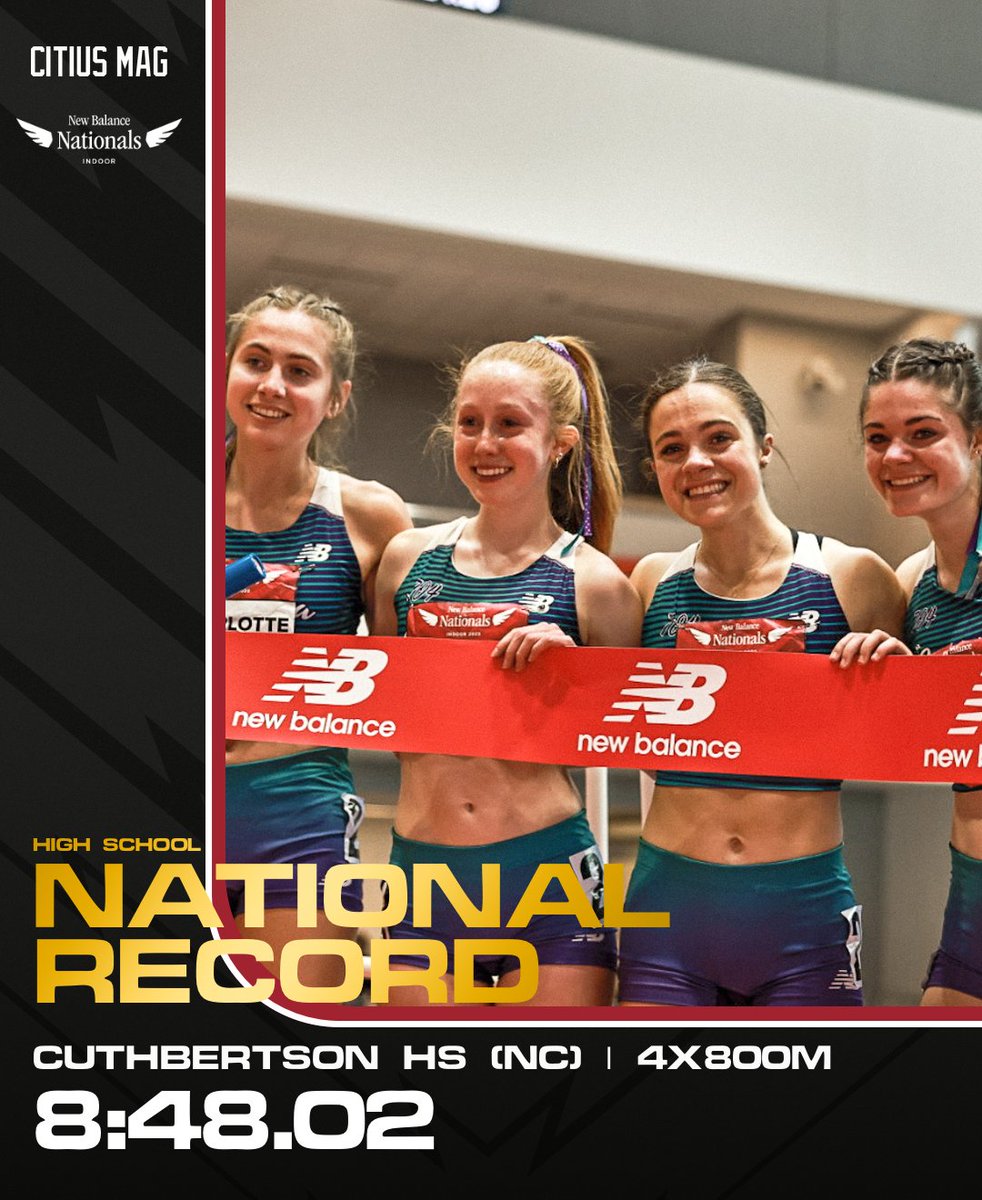 Going out with a 💥
 
The Carolina Cavaliers of Cuthbertson HS (NC) take down the girls' 4x800m NATIONAL RECORD at #NBNationals in one of the final events of the meet with a 8:48.02.
 
Justine Preisano 2:14.17
Stella Kermes 2:12.10
Charlotte Bell 2:13.30
Alyssa Preisano 2:08.47
