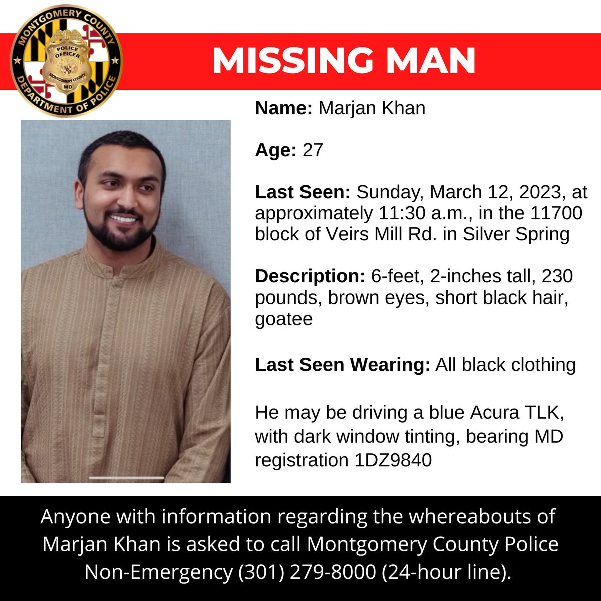 Concern for Missing Twenty-Seven-Year-Old 

www2.montgomerycountymd.gov/mcgportalapps/…

#MCPNews #MCPD #MissingPerson